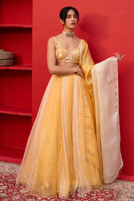 Buy Zoon Yellow Net, Organza, Crepe, Satin Sequins, Embroidery Aari Kalidar Lehenga Set Buy_Zoon_Yellow Net, Organza, Crepe, Satin Sequins, Embroidery Aari Kalidar Lehenga Set