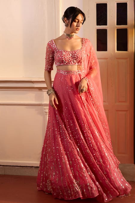 Zoon Pink Net, Crepe, Silk Organza Sequins, Embroidery Round Neck Aari Lehenga Set Online at Aza Fashions Zoon_Pink Net, Crepe, Silk Organza Sequins, Embroidery Round Neck Aari Lehenga Set _Online_at_Aza_Fashions