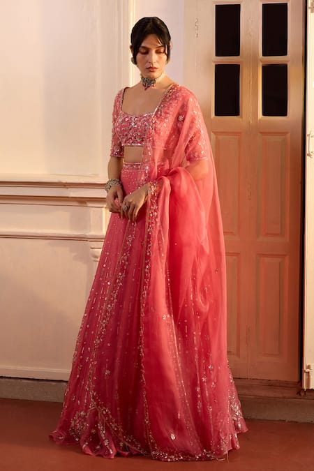 Shop Zoon Pink Net, Crepe, Silk Organza Sequins, Embroidery Round Neck Aari Lehenga Set Online at Aza Fashions Shop_Zoon_Pink Net, Crepe, Silk Organza Sequins, Embroidery Round Neck Aari Lehenga Set _Online_at_Aza_Fashions