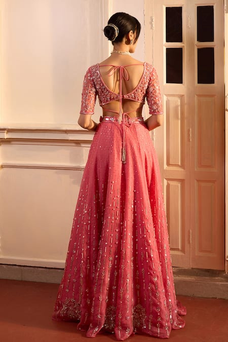 Shop Zoon Pink Net, Crepe, Silk Organza Sequins, Embroidery Round Neck Aari Lehenga Set at Aza Fashions Shop_Zoon_Pink Net, Crepe, Silk Organza Sequins, Embroidery Round Neck Aari Lehenga Set _at_Aza_Fashions