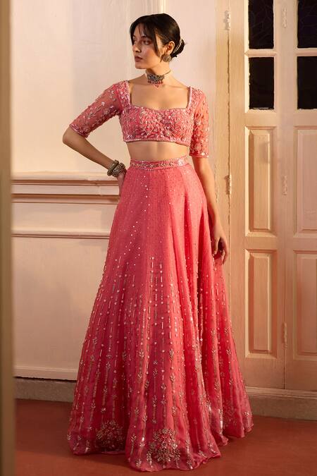 Zoon Pink Net, Crepe, Silk Organza Sequins, Embroidery Round Neck Aari Lehenga Set at Aza Fashions Zoon_Pink Net, Crepe, Silk Organza Sequins, Embroidery Round Neck Aari Lehenga Set _at_Aza_Fashions