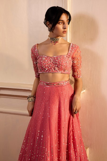 Buy Zoon Pink Net, Crepe, Silk Organza Sequins, Embroidery Round Neck Aari Lehenga Set Buy_Zoon_Pink Net, Crepe, Silk Organza Sequins, Embroidery Round Neck Aari Lehenga Set