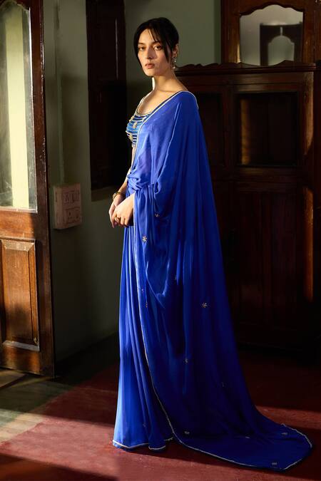 Zoon_Blue Satin, Crepe Embroidery Round Neck Aari Bloom Pre-draped Saree Set _Online_at_Aza_Fashions