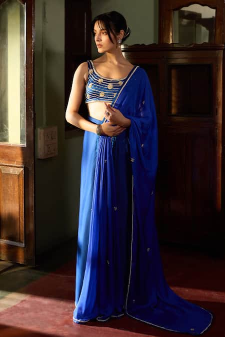 Shop_Zoon_Blue Satin, Crepe Embroidery Round Neck Aari Bloom Pre-draped Saree Set _Online_at_Aza_Fashions