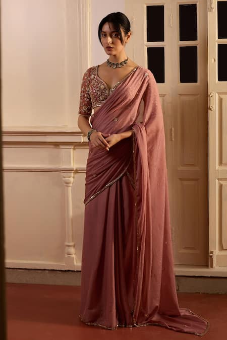 Zoon Aari Blossom Embroidered Pre-Draped Saree Set 