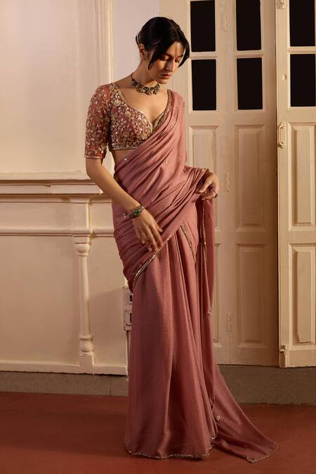 Zoon Pink Net, Georgette Embroidery Open Neck Aari Blossom Pre-draped Saree Set Online at Aza Fashions Zoon_Pink Net, Georgette Embroidery Open Neck Aari Blossom Pre-draped Saree Set _Online_at_Aza_Fashions