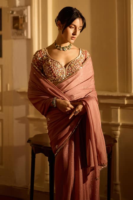 Buy Zoon Pink Net, Georgette Embroidery Open Neck Aari Blossom Pre-draped Saree Set Online at Aza Fashions Buy_Zoon_Pink Net, Georgette Embroidery Open Neck Aari Blossom Pre-draped Saree Set _Online_at_Aza_Fashions