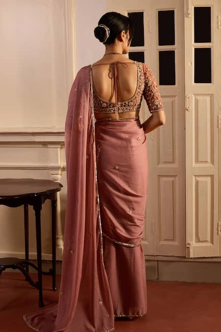 Shop Zoon Pink Net, Georgette Embroidery Open Neck Aari Blossom Pre-draped Saree Set at Aza Fashions Shop_Zoon_Pink Net, Georgette Embroidery Open Neck Aari Blossom Pre-draped Saree Set _at_Aza_Fashions