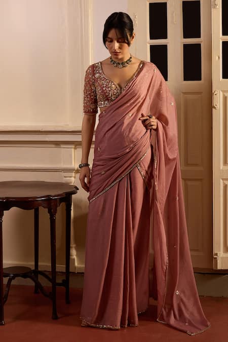 Shop Zoon Pink Net, Georgette Embroidery Open Neck Aari Blossom Pre-draped Saree Set Online at Aza Fashions Shop_Zoon_Pink Net, Georgette Embroidery Open Neck Aari Blossom Pre-draped Saree Set _Online_at_Aza_Fashions