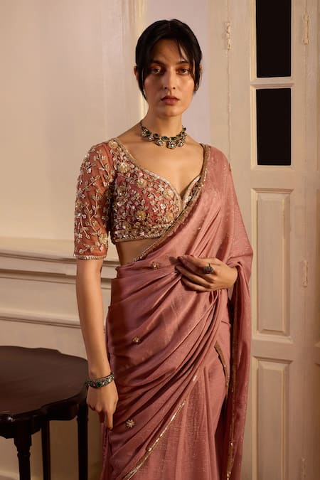 Zoon Pink Net, Georgette Embroidery Open Neck Aari Blossom Pre-draped Saree Set at Aza Fashions Zoon_Pink Net, Georgette Embroidery Open Neck Aari Blossom Pre-draped Saree Set _at_Aza_Fashions