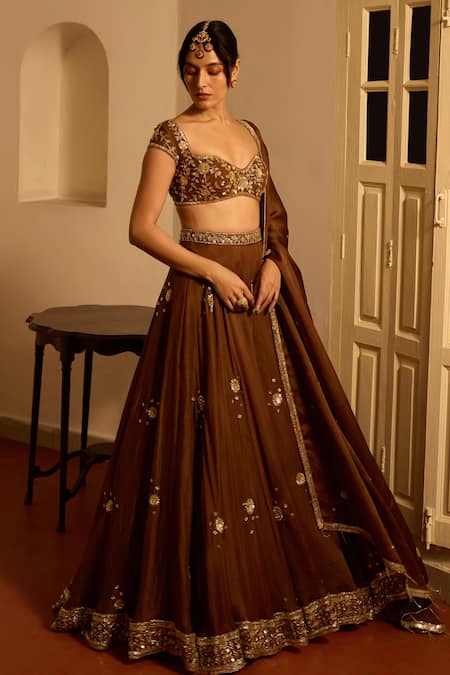Zoon_Brown Net, Satin, , Silk Sequins, Embroidery Aari Lehenga Set _Online_at_Aza_Fashions