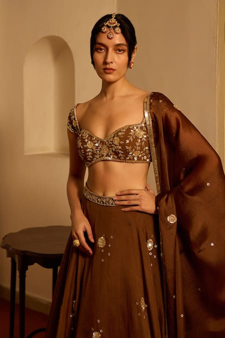 Buy_Zoon_Brown Net, Satin, , Silk Sequins, Embroidery Aari Lehenga Set _Online_at_Aza_Fashions