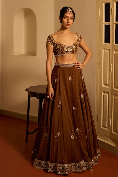 Shop_Zoon_Brown Net, Satin, , Silk Sequins, Embroidery Aari Lehenga Set _Online_at_Aza_Fashions
