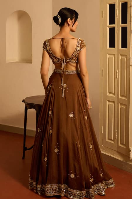 Shop_Zoon_Brown Net, Satin, , Silk Sequins, Embroidery Aari Lehenga Set _at_Aza_Fashions