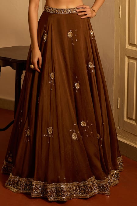 Zoon_Brown Net, Satin, , Silk Sequins, Embroidery Aari Lehenga Set _at_Aza_Fashions