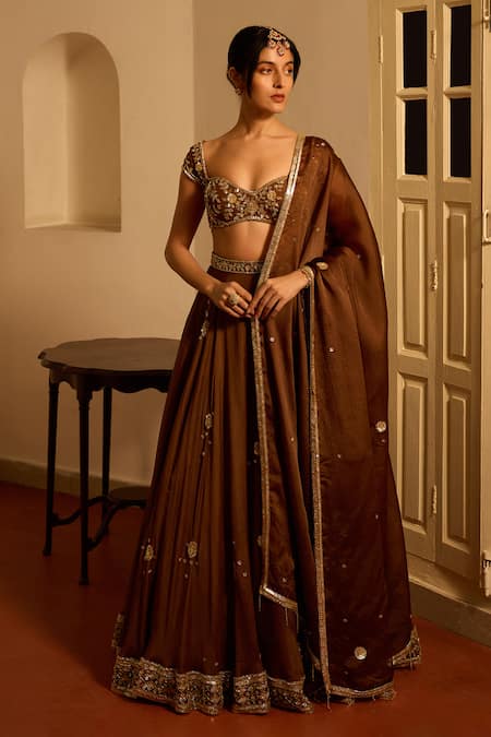 Zoon Aari Embroidered Brown Lehenga Set 