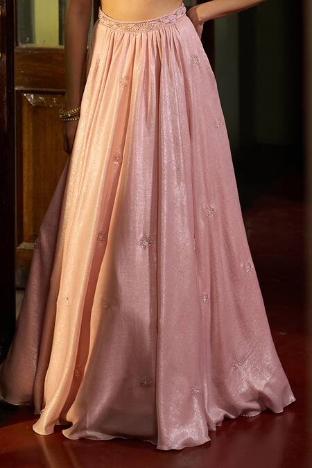 Zoon_Pink Satin, Organza Embroidery, Sequins Sweetheart Neck Aari Lehenga Set _Online_at_Aza_Fashions