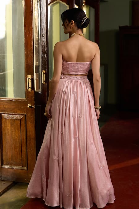 Shop_Zoon_Pink Satin, Organza Embroidery, Sequins Sweetheart Neck Aari Lehenga Set _at_Aza_Fashions