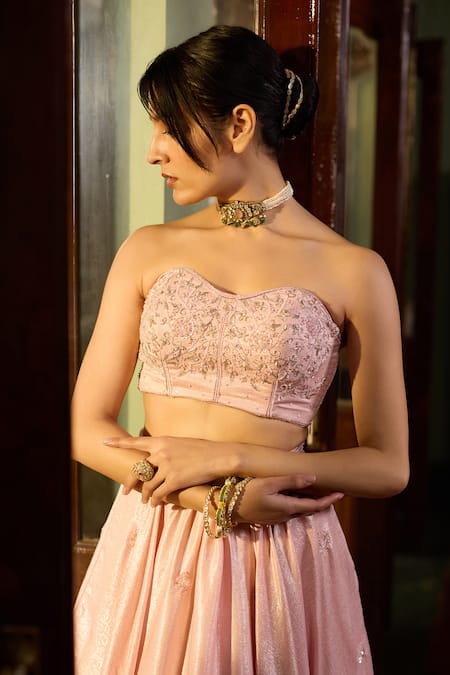 Buy_Zoon_Pink Satin, Organza Embroidery, Sequins Sweetheart Neck Aari Lehenga Set _Online_at_Aza_Fashions