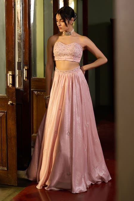 Shop_Zoon_Pink Satin, Organza Embroidery, Sequins Sweetheart Neck Aari Lehenga Set _Online_at_Aza_Fashions