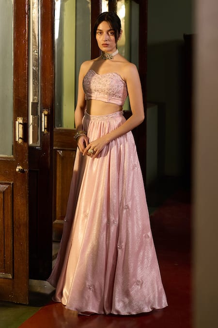 Zoon_Pink Satin, Organza Embroidery, Sequins Sweetheart Neck Aari Lehenga Set _at_Aza_Fashions