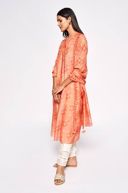 Anita Dongre_Orange Modal Floral Printed Dupatta_Online_at_Aza_Fashions