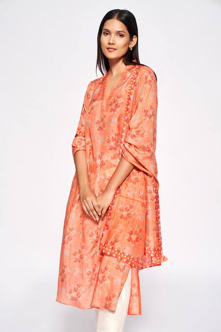 Buy_Anita Dongre_Orange Modal Floral Printed Dupatta_Online_at_Aza_Fashions
