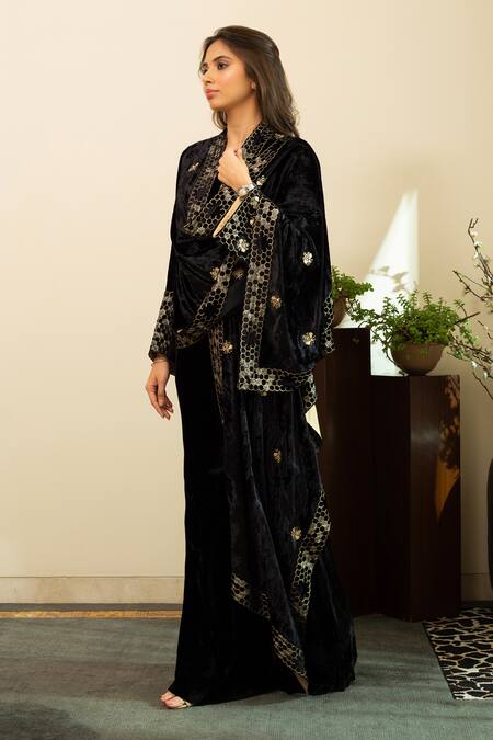 House Of Inari_Black Honey Bee Embroidered Cape _at_Aza_Fashions