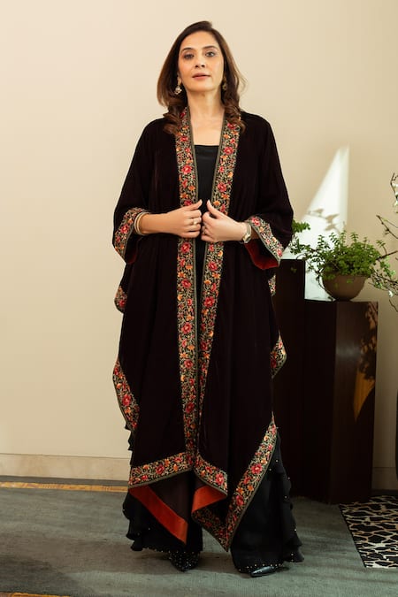 House Of Inari Amber Brown Velvet Parsi Gara Cape 