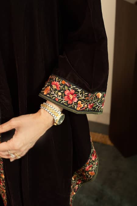 House Of Inari Brown Amber Velvet Parsi Gara Cape at Aza Fashions House Of Inari_Brown Amber Velvet Parsi Gara Cape _at_Aza_Fashions