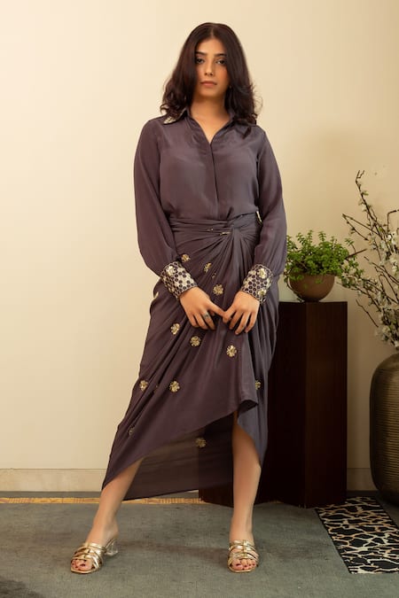 House Of Inari Bee Embroidered Shirt & Draped Skirt Set 