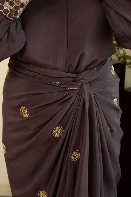 Shop House Of Inari Gray Silk Embroidery Collared Bee Shirt And Draped Skirt Set Online at Aza Fashions Shop_House Of Inari_Gray Silk Embroidery Collared Bee Shirt And Draped Skirt Set _Online_at_Aza_Fashions