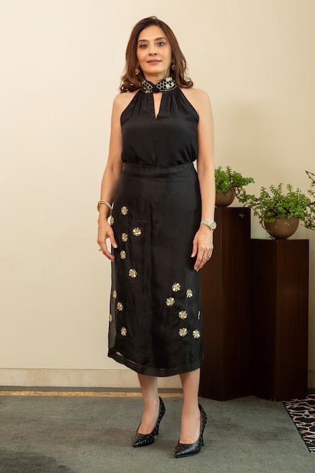 Buy_House Of Inari_Black Silk Embroidery Halter Neck Bee Top And Sarong Skirt _Online_at_Aza_Fashions