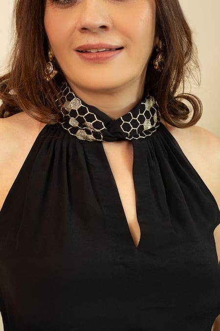 Shop_House Of Inari_Black Silk Embroidery Halter Neck Bee Top And Sarong Skirt _Online_at_Aza_Fashions