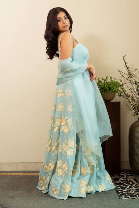 Buy_House Of Inari_Blue Georgette, Silk Organza Tassels Sweetheart Gulbano Parsi Gara Lehenga Set _Online_at_Aza_Fashions