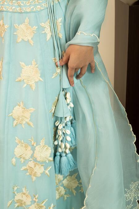House Of Inari_Blue Georgette, Silk Organza Tassels Sweetheart Gulbano Parsi Gara Lehenga Set _at_Aza_Fashions
