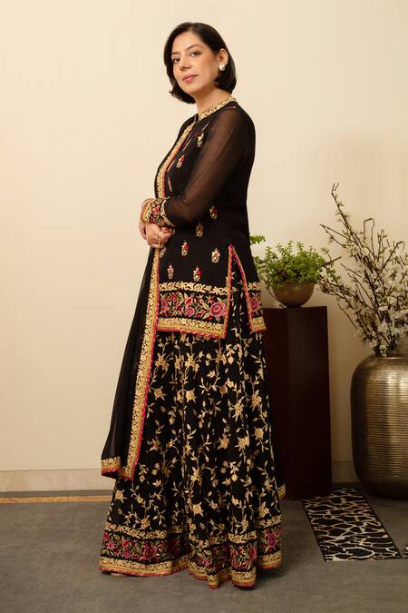 House Of Inari_Black Georgette Gota Patti, Embroidery Mandarin Parsi Gara Kurta Sharara Set _Online_at_Aza_Fashions