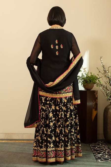 House Of Inari Parsi Gara Embroidered Black Kurta Sharara Set 