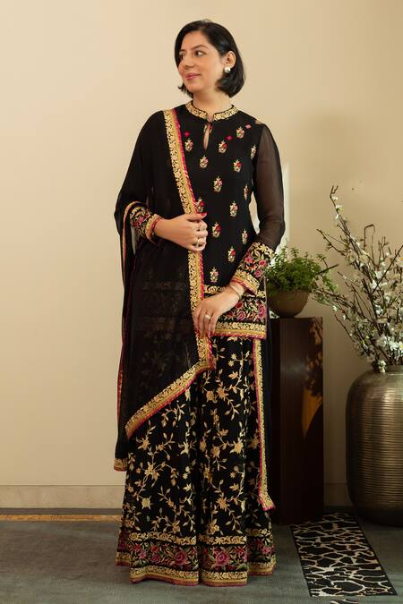 Buy_House Of Inari_Black Georgette Gota Patti, Embroidery Mandarin Parsi Gara Kurta Sharara Set _Online_at_Aza_Fashions