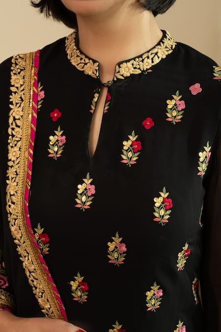 Shop_House Of Inari_Black Georgette Gota Patti, Embroidery Mandarin Parsi Gara Kurta Sharara Set _Online_at_Aza_Fashions