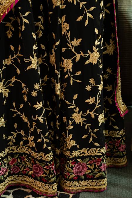 House Of Inari_Black Georgette Gota Patti, Embroidery Mandarin Parsi Gara Kurta Sharara Set _at_Aza_Fashions