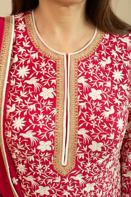 House Of Inari Red Georgette Embroidery, Zari Round Neck Heer Parsi Gara Bird Set Online at Aza Fashions House Of Inari_Red Georgette Embroidery, Zari Round Neck Heer Parsi Gara Bird Set _Online_at_Aza_Fashions
