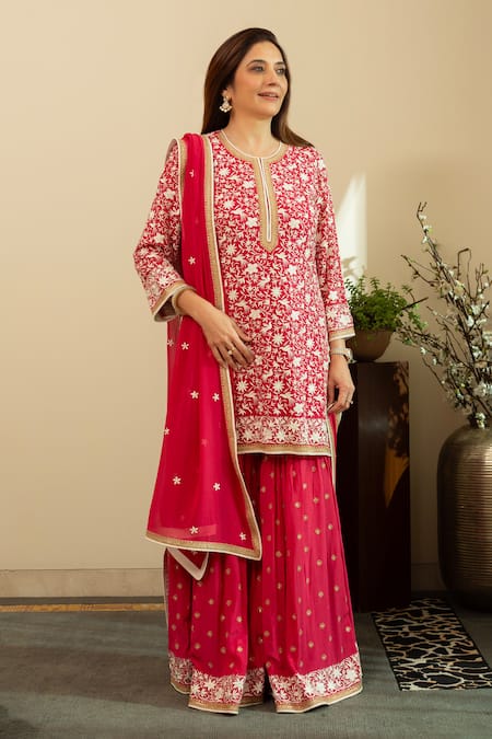 Shop House Of Inari Red Georgette Embroidery, Zari Round Neck Heer Parsi Gara Bird Set Online at Aza Fashions Shop_House Of Inari_Red Georgette Embroidery, Zari Round Neck Heer Parsi Gara Bird Set _Online_at_Aza_Fashions