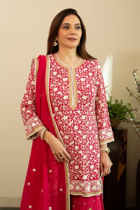 House Of Inari Red Georgette Embroidery, Zari Round Neck Heer Parsi Gara Bird Set at Aza Fashions House Of Inari_Red Georgette Embroidery, Zari Round Neck Heer Parsi Gara Bird Set _at_Aza_Fashions