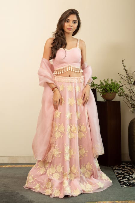 Buy_House Of Inari_Pink Georgette, Silk Organza Tassels Gulbano Parsi Gara Embroidered Lehenga Set _Online_at_Aza_Fashions