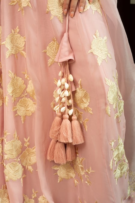House Of Inari_Pink Georgette, Silk Organza Tassels Gulbano Parsi Gara Embroidered Lehenga Set _at_Aza_Fashions