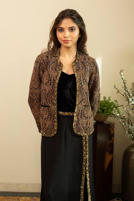 House Of Inari_Black Silk Beads, Sequins Open Neck Jamawar Embroidered Jacket And Skirt Set _Online_at_Aza_Fashions