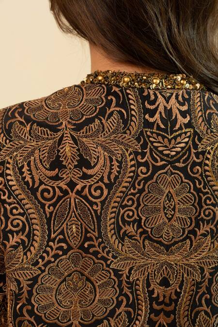 Shop_House Of Inari_Black Silk Beads, Sequins Open Neck Jamawar Embroidered Jacket And Skirt Set _Online_at_Aza_Fashions