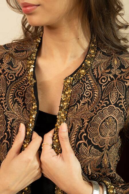 House Of Inari_Black Silk Beads, Sequins Open Neck Jamawar Embroidered Jacket And Skirt Set _at_Aza_Fashions