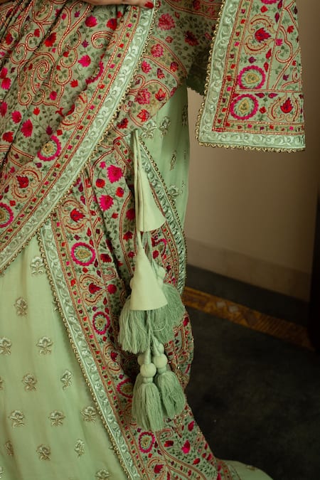 House Of Inari_Green Silk, Georgette Embroidery V-neck Parsi Gara Buti Lehenga Set _Online_at_Aza_Fashions